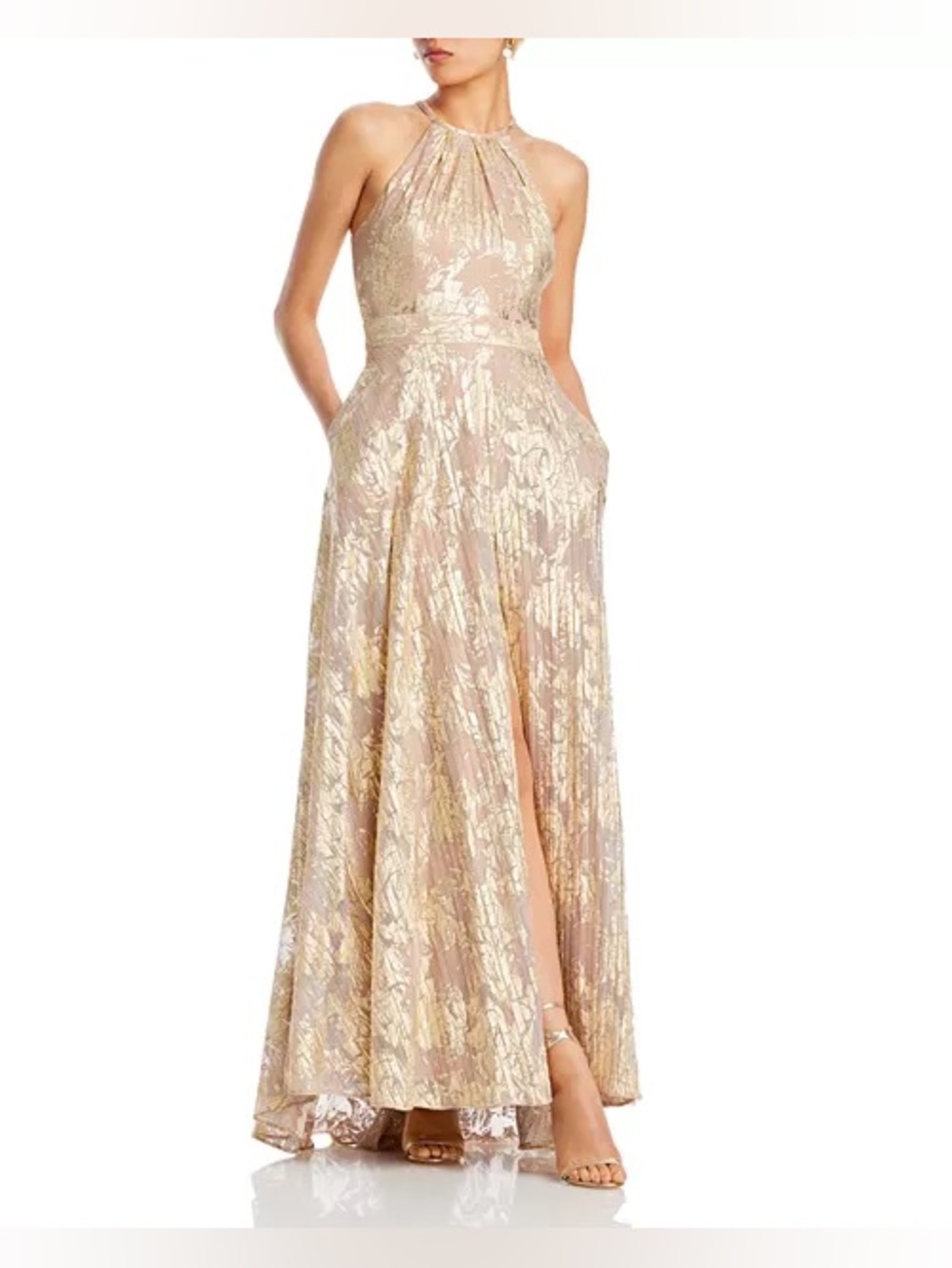 AQUA
Foil Knit Metallic Halter Gown - Exclusive in /Pink/Gold